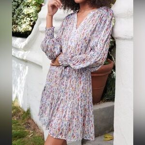 Velvet by Graham & Spencer Anastasia Printed Lurex Dress Long Sleeve Smocked S